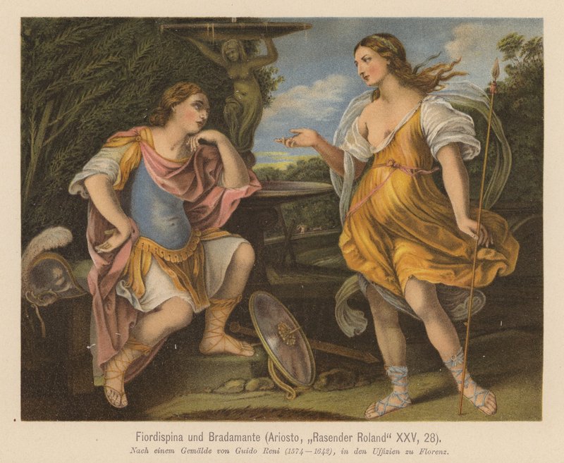 Scena z "Orlanda Furioso" Ludovica Ariosto (kolorowa litografia) autorstwa Guido (after) Reni