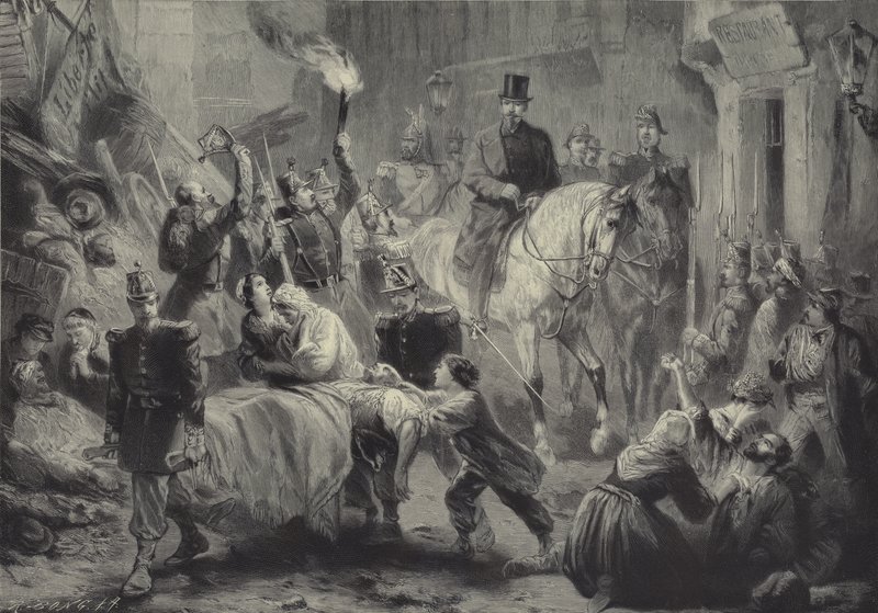 Ludwik Napoleon odwiedzający konno barykady Paryża w nocy 3 grudnia 1851 r autorstwa Gustav Bartsch