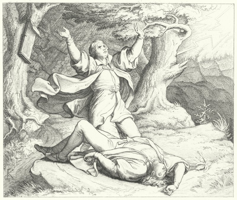 Alexis, przyjaciel Marcina Lutra, po tym, jak podczas ich podróży został uderzony piorunem, 1505 autorstwa Gustav Ferdinand Leopold Konig
