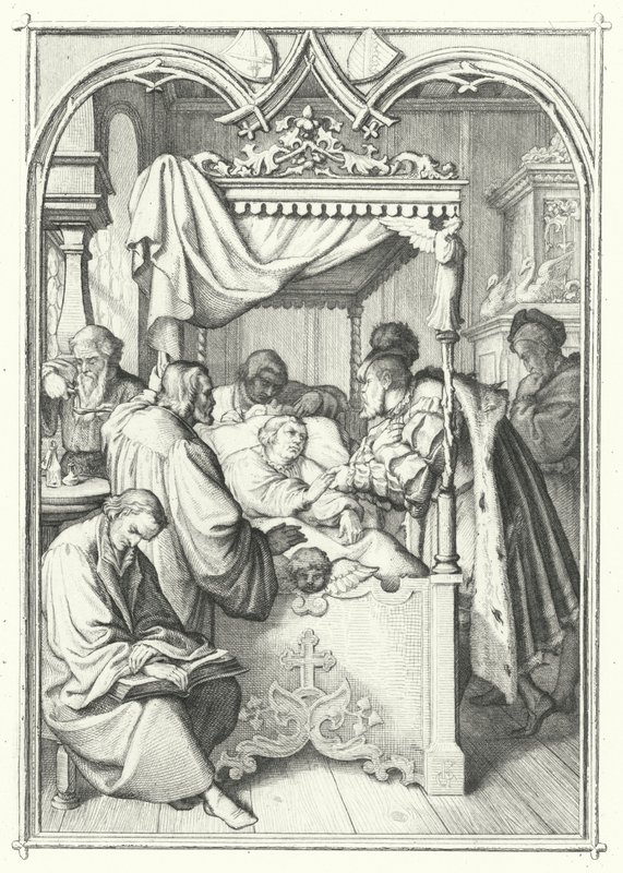 Jan, elektor Saksonii, odwiedza Marcina Lutra w szpitalu (grafika) autorstwa Gustav Ferdinand Leopold Konig