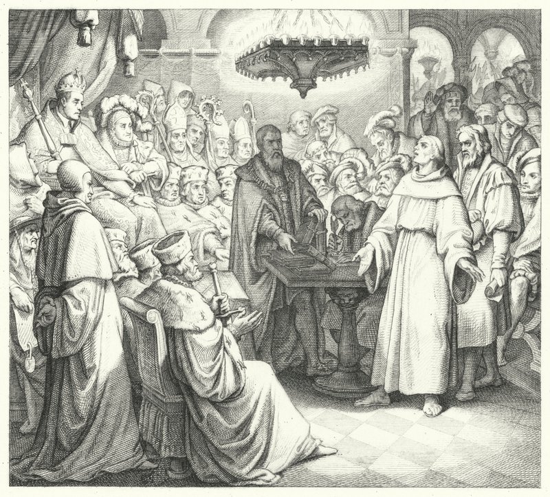 Marcin Luter pojawia się przed cesarzem Karolem V na sejmie w Wormacji (rycina) autorstwa Gustav Ferdinand Leopold Konig