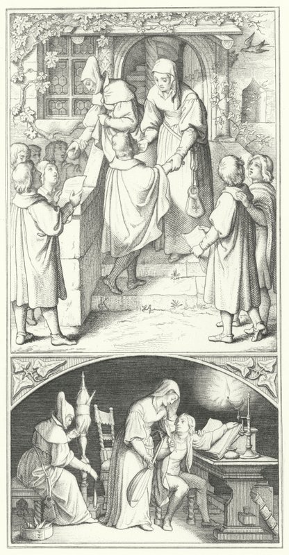 Marcin Luter jako młody student śpiewający w mieście Eisenach (grafika) autorstwa Gustav Ferdinand Leopold Konig