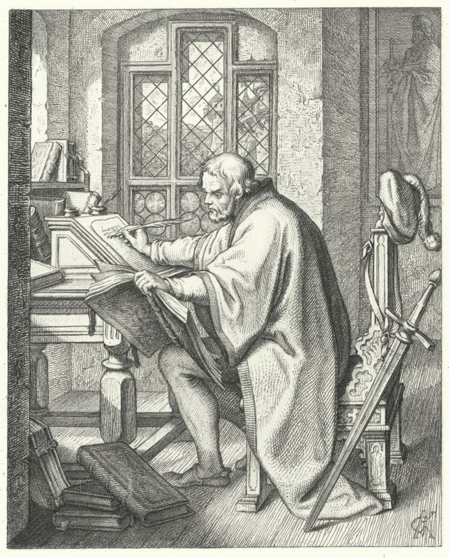 Marcin Luter rozpoczyna tłumaczenie Biblii na zamku Wartburg (grafika) autorstwa Gustav Ferdinand Leopold Konig