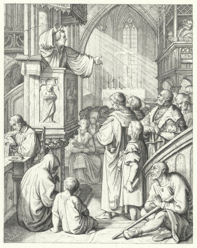 Marcin Luter wygłaszający kazanie (grawerowanie) autorstwa Gustav Ferdinand Leopold Konig