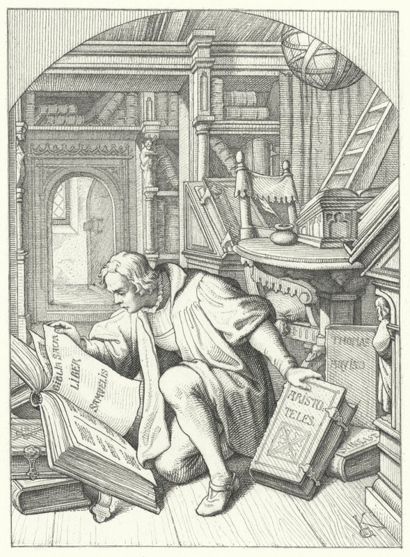 Marcin Luter odkrywa Biblię łacińską w bibliotece na Uniwersytecie w Erfurcie (rycina) autorstwa Gustav Ferdinand Leopold Konig
