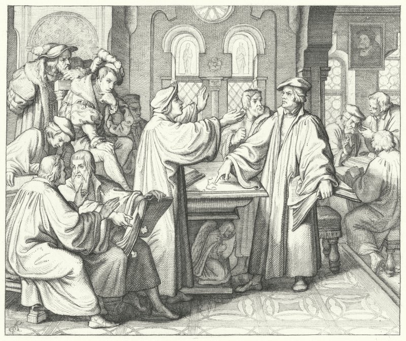 Marcin Luter omawia sakrament z Huldrychem Zwinglim (rycina) autorstwa Gustav Ferdinand Leopold Konig