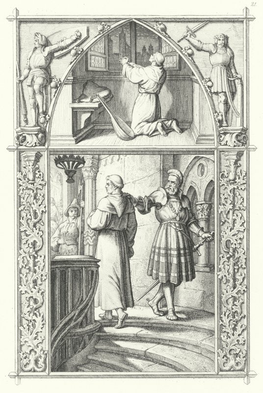 Marcin Luter w modlitwie, przygotowując się do sejmu robaczego (u góry). Georg von Frundsberg zachęca Marcina Lutra (na dole) (rycina) autorstwa Gustav Ferdinand Leopold Konig