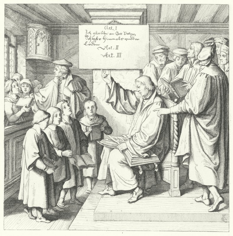 Marcin Luter przedstawia katechizm uczniom (grafika) autorstwa Gustav Ferdinand Leopold Konig