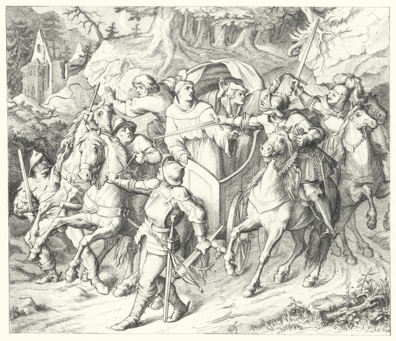 Marcin Luter zostaje uprowadzony po powrocie z sejmu w Wormacji, 1521 autorstwa Gustav Ferdinand Leopold Konig