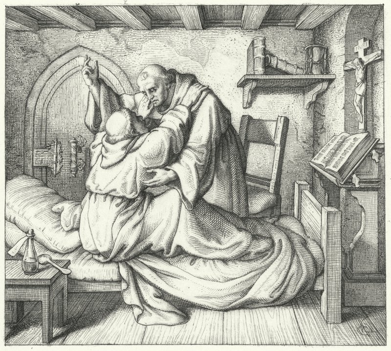 Marcin Luter jest pocieszany przez kolegę mnicha podczas jego duchowej udręki w klasztorze (rycina) autorstwa Gustav Ferdinand Leopold Konig