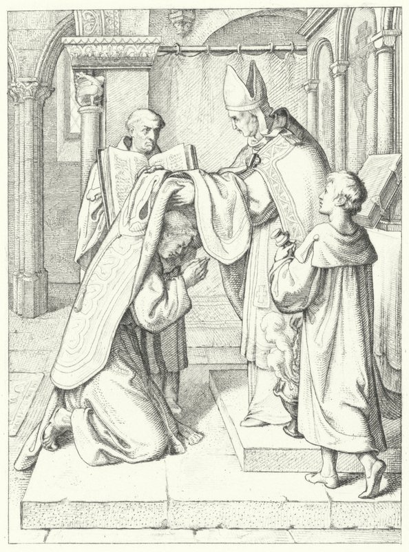 Marcin Luter zostaje wyświęcony na kapłana przez Jerome Scultetus, biskupa brandenburskiego w katedrze w Erfurcie, 3 kwietnia 1507 autorstwa Gustav Ferdinand Leopold Konig