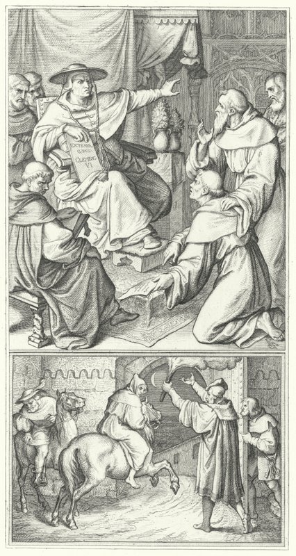 Marcin Luter opuszcza legata papieskiego w Wittenberdze Thomas Cajetan (u góry). Marcin Luter opuszcza miasto Augsburg (na dole) (rycina) autorstwa Gustav Ferdinand Leopold Konig