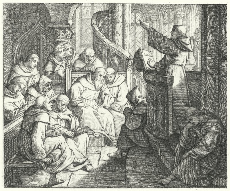 Marcin Luter przemawia do Johanna von Staupitz i innych mnichów w klasztorze (grafika) autorstwa Gustav Ferdinand Leopold Konig