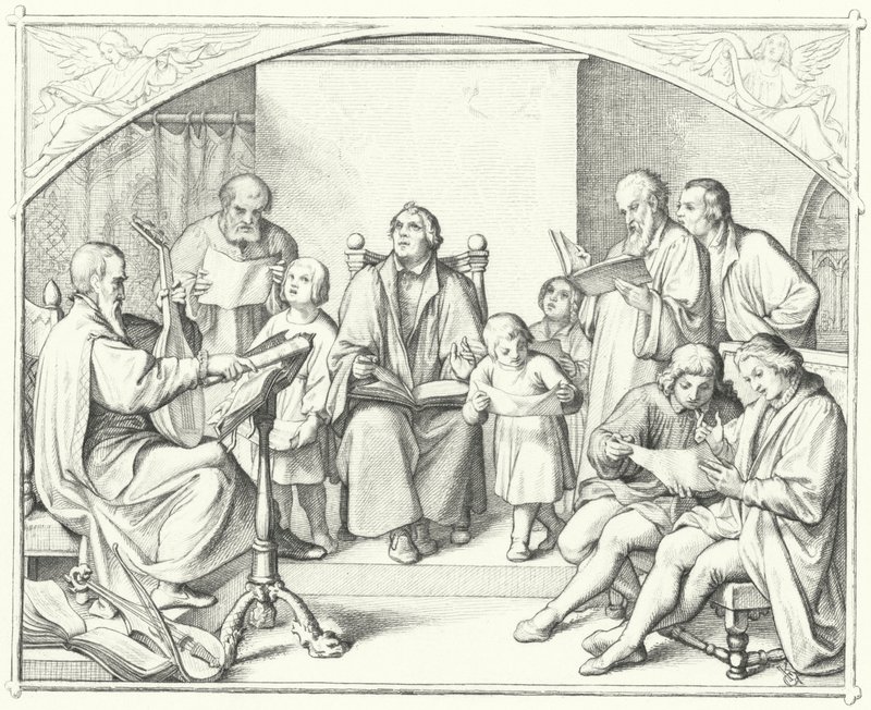 Śpiew Marcina Lutra z chórem kościelnym (grafika) autorstwa Gustav Ferdinand Leopold Konig