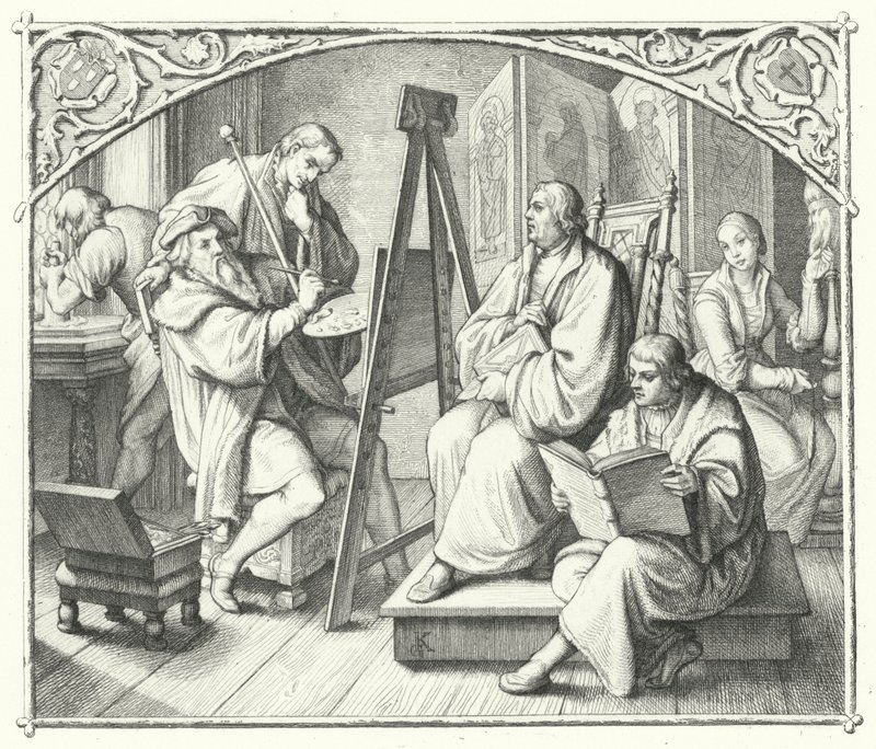 Marcin Luter siada do obrazu Lucasa Cranacha Starszego (grafika) autorstwa Gustav Ferdinand Leopold Konig