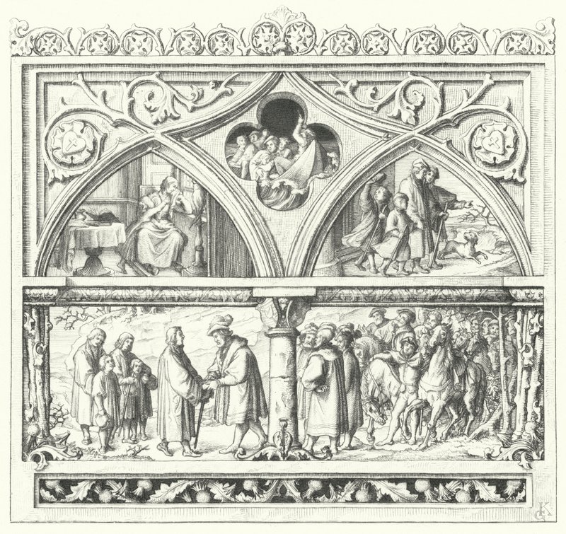 Pożegnanie Marcina Lutra z rodziną, gdy wyrusza w ostatnią podróż do Mansfeld, jego życie w drodze i przyjęcie od hrabiów Mansfeld (rycina) autorstwa Gustav Ferdinand Leopold Konig