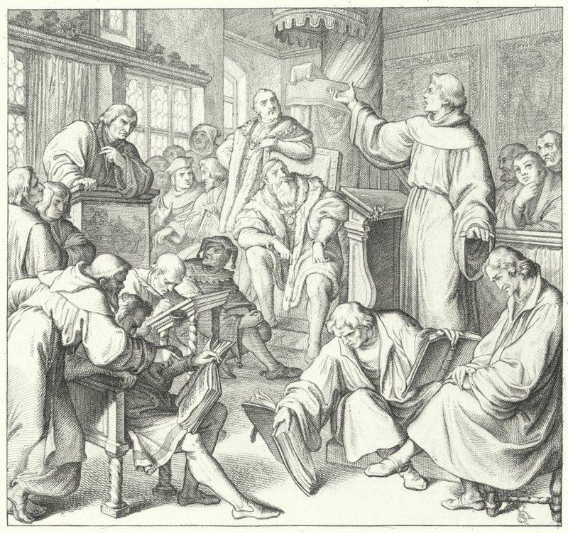 Debata w Lipsku, Andreas Karlstadt, Johann Eck i Martin Luther, 1519 autorstwa Gustav Ferdinand Leopold Konig