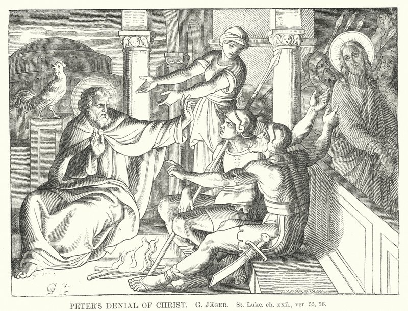 Piotra zaparcie się Chrystusa, św Łukasza, rozdz. XXII, wer. 55, 56 (rycina) autorstwa Gustav Jager