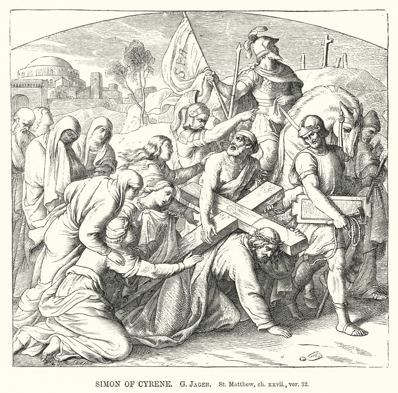 Szymon Cyrenejczyk, św. Mateusz, rozdz. XXVII, wer. 32 (rycina) autorstwa Gustav Jager