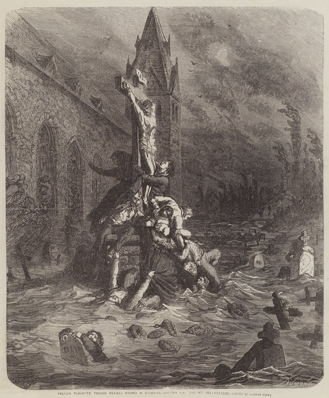 Francuscy chłopi biorący schronienie wokół Krucyfiksu autorstwa Gustave Dore