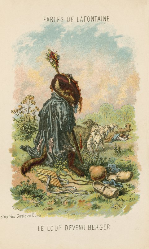 Wilk, który bawił się w pasterza (chromolitho) autorstwa Gustave Dore