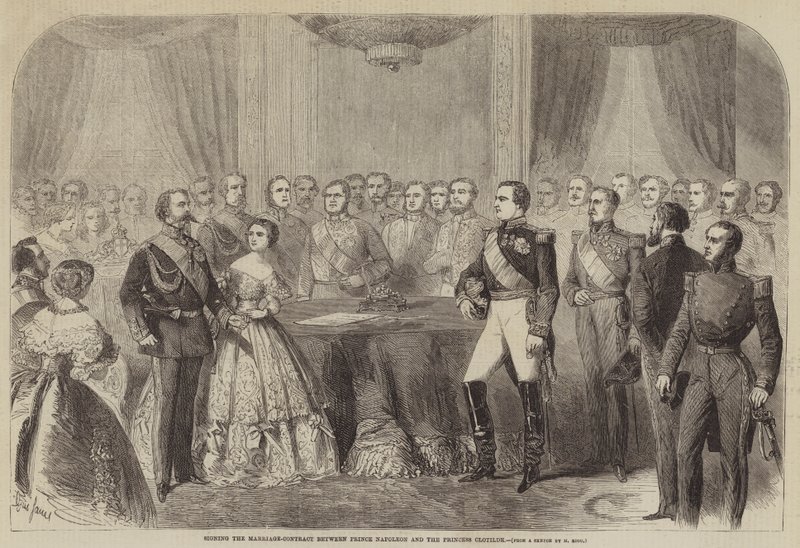 Podpisanie kontraktu małżeńskiego między księciem Napoleonem a księżniczką Clotilde autorstwa Gustave Janet