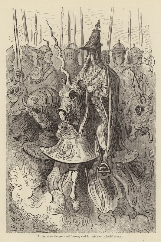 W końcu przybyli parowie i baronowie, odziani w najwspanialszą zbroję autorstwa Gustave after Dore