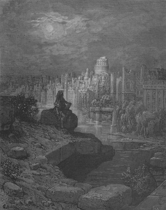 Podróżni usiądą na ruinach nad Tamizą autorstwa Gustave after Dore
