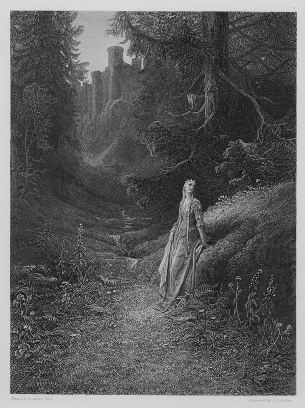 Elaine na swojej drodze do jaskini Lancelot autorstwa Gustave after Dore