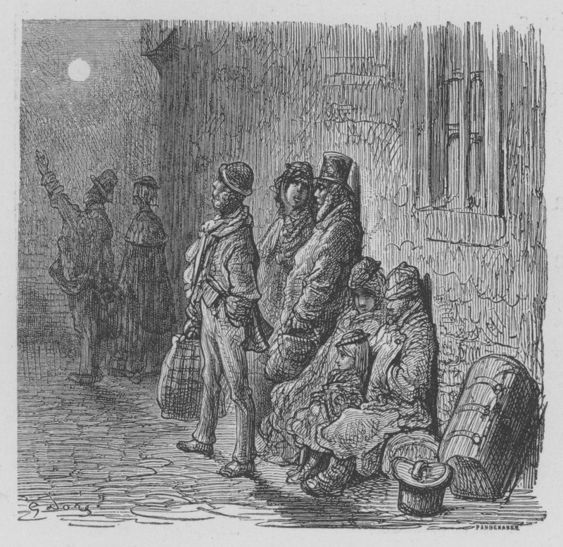 Intruzi przybywają do Londynu w przeddzień Derby autorstwa Gustave after Dore