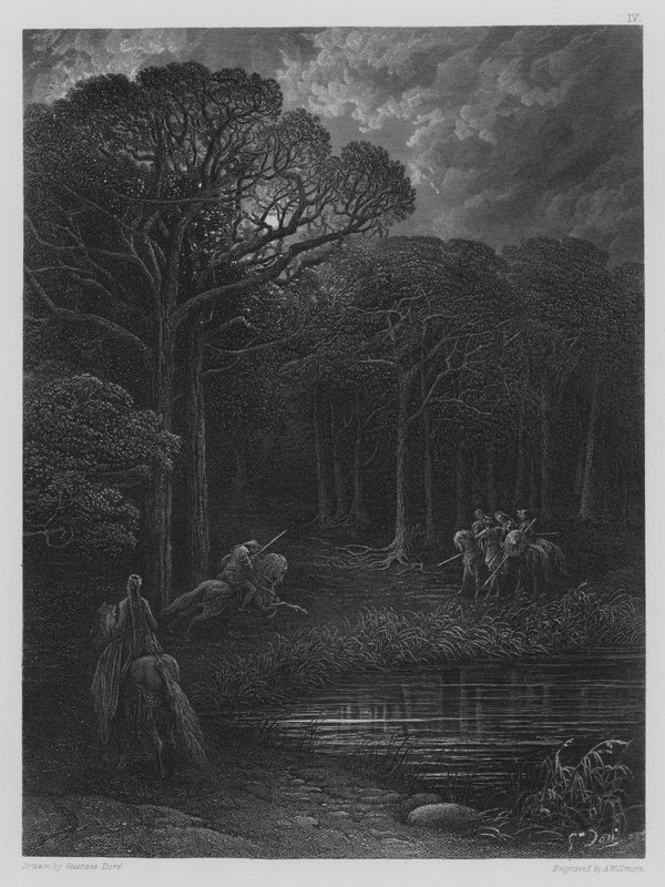 Geraint szarżuje na bandytów autorstwa Gustave after Dore