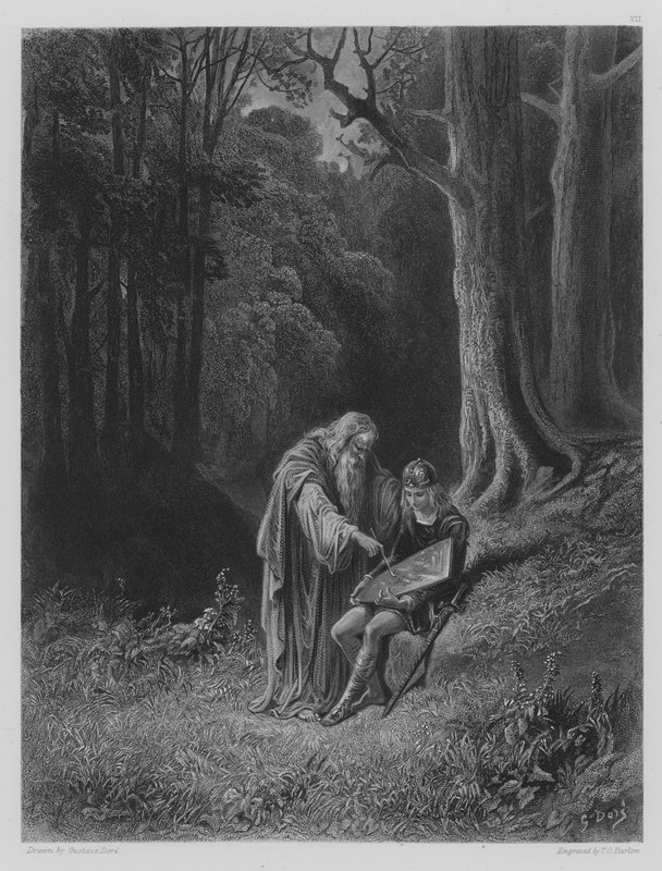 Merlin maluje tarczę Młodych Rycerzy autorstwa Gustave after Dore