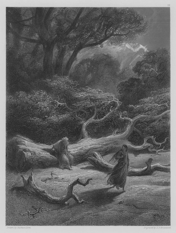 Vivien zamyka Merlina w drzewie autorstwa Gustave after Dore