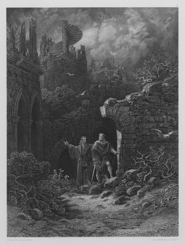 Yniol pokazuje księciu Geraintowi jego zniszczony zamek autorstwa Gustave after Dore