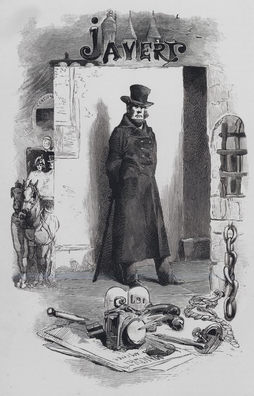 Scena z Les Miserables, autorstwa Victora Hugo: detektyw Javert (rycina) autorstwa Gustave (after) Brion
