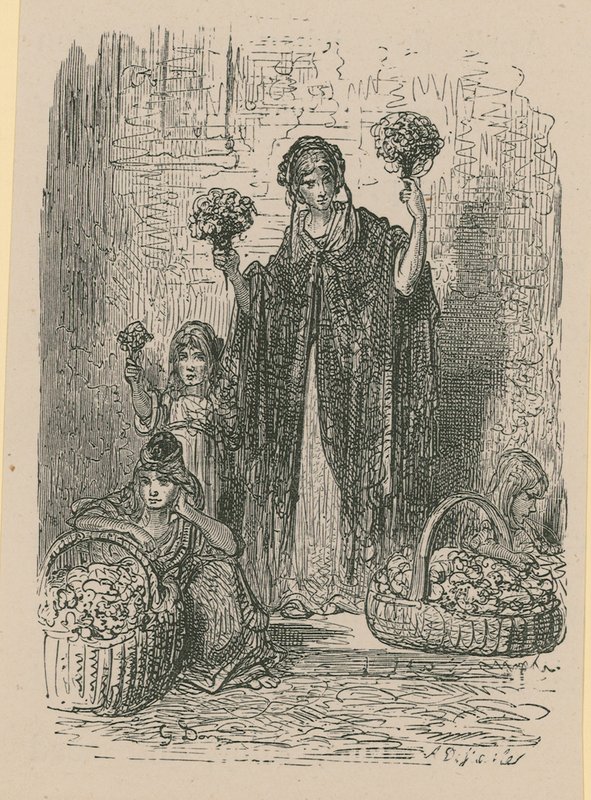 Grupa młodych kobiet sprzedających kwiaty z koszy autorstwa Gustave Dore