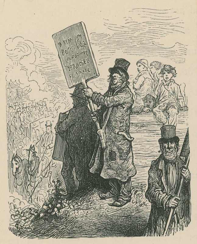 Mężczyzna trzymający plakat podczas protestu autorstwa Gustave Dore