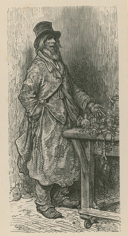 Mężczyzna sprzedaje swoje towary na straganie autorstwa Gustave Dore