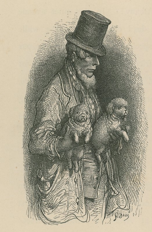 Mężczyzna w cylindrze trzymający w rękach dwa psy autorstwa Gustave Dore