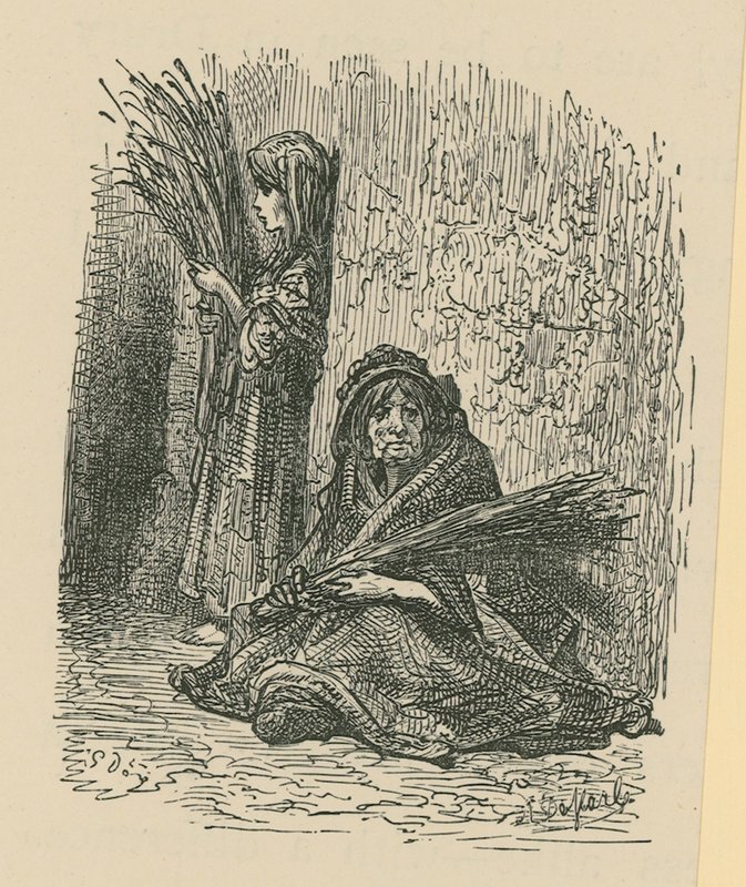 Kobieta i młoda dziewczyna sprzedająca suszone kwiaty autorstwa Gustave Dore