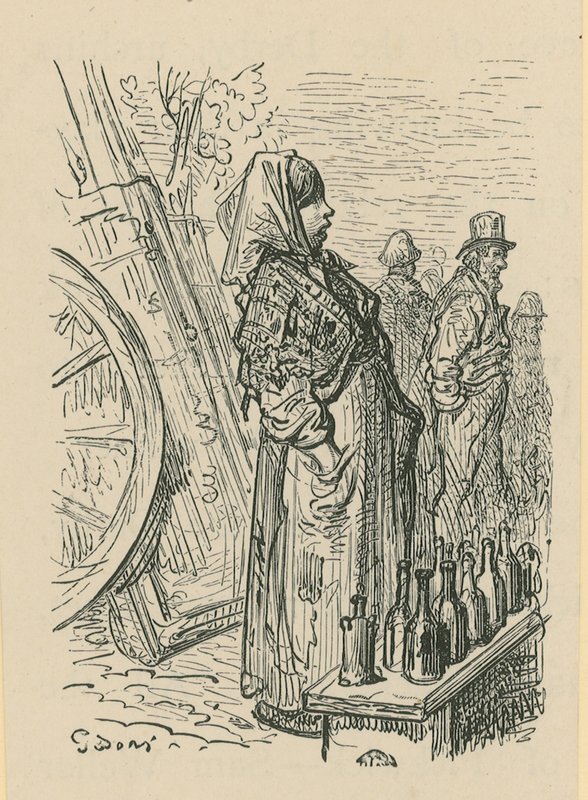 Kobieta sprzedająca szklane butelki autorstwa Gustave Dore