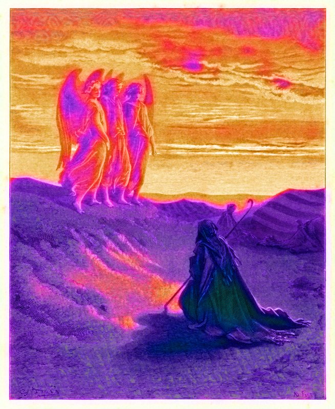 Abraham i trzej aniołowie, ilustracja z „Galerii Dore”, sztychowana przez Ligny, wydana ok. 1890 r. (obraz ulepszony cyfrowo) autorstwa Gustave Dore