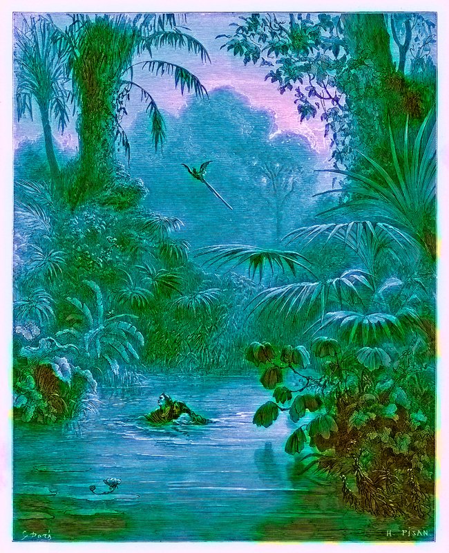 Atala i Chactas przechodzą przez rzekę, ilustracja z „Galerii Dore”, grawerowana przez Heliodore Josepha Pisana (1822-90), opublikowana ok. 1890 (obraz ulepszony cyfrowo) autorstwa Gustave Dore