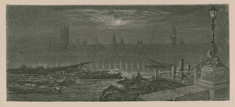 Łodzie zacumowane na Tamizie autorstwa Gustave Dore