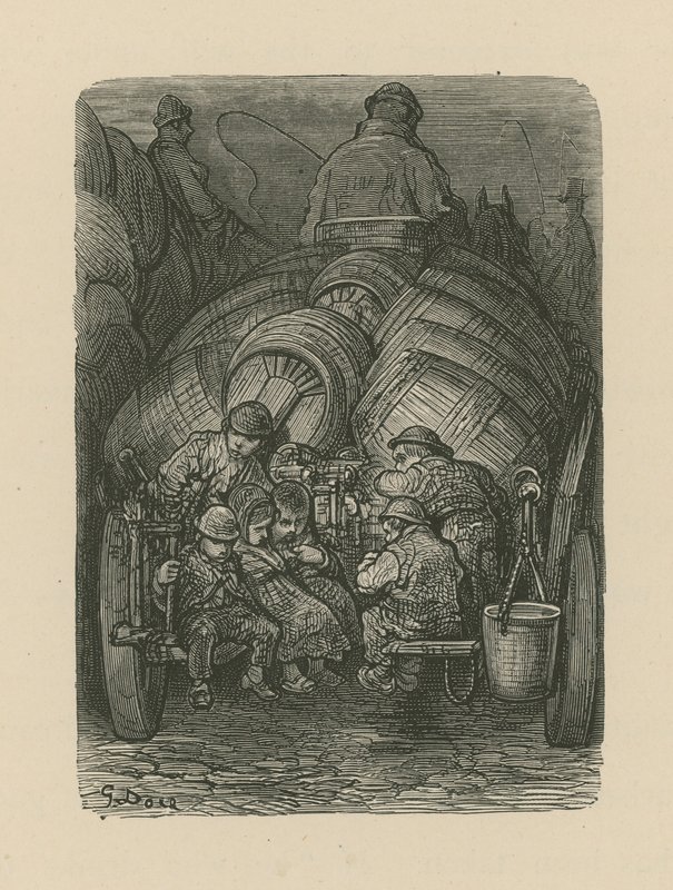 Dzieci siedzące z tyłu wózka dostawczego browaru autorstwa Gustave Dore
