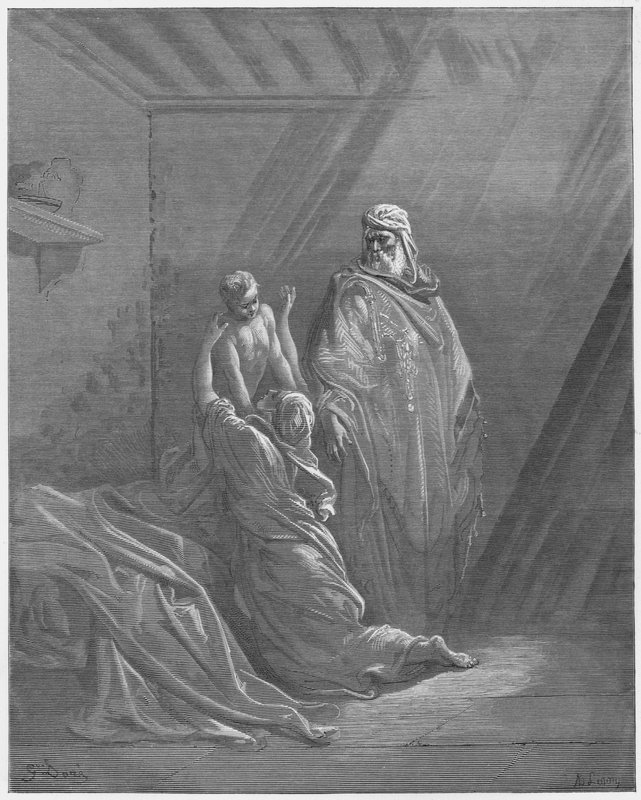 Biblia Gustawa Dore: Eliasz wychowuje syna wdowy z Sarepty autorstwa Gustave Dore