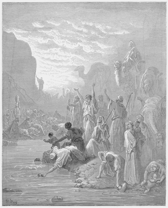 Gustave Dore Biblia: Mojżesz uderzający w skałę w Horebie autorstwa Gustave Dore