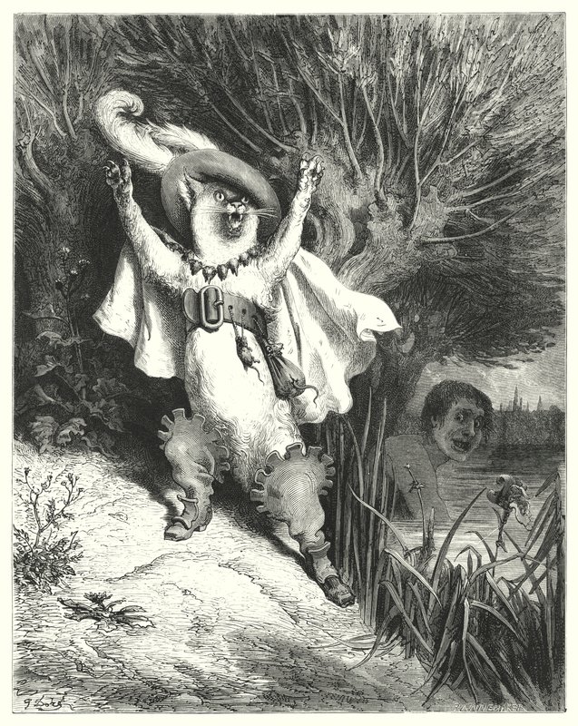 Mistrz Kot lub Kot w Butach; Kot w butach (grawerunek) autorstwa Gustave Dore