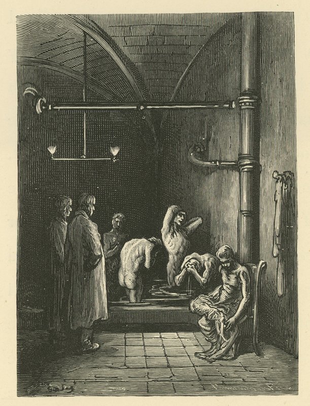 Mężczyźni w łaźni w Domu Schronienia autorstwa Gustave Dore