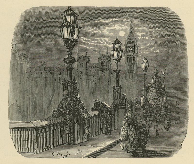 Ludzie i powozy na Westminster Bridge autorstwa Gustave Dore